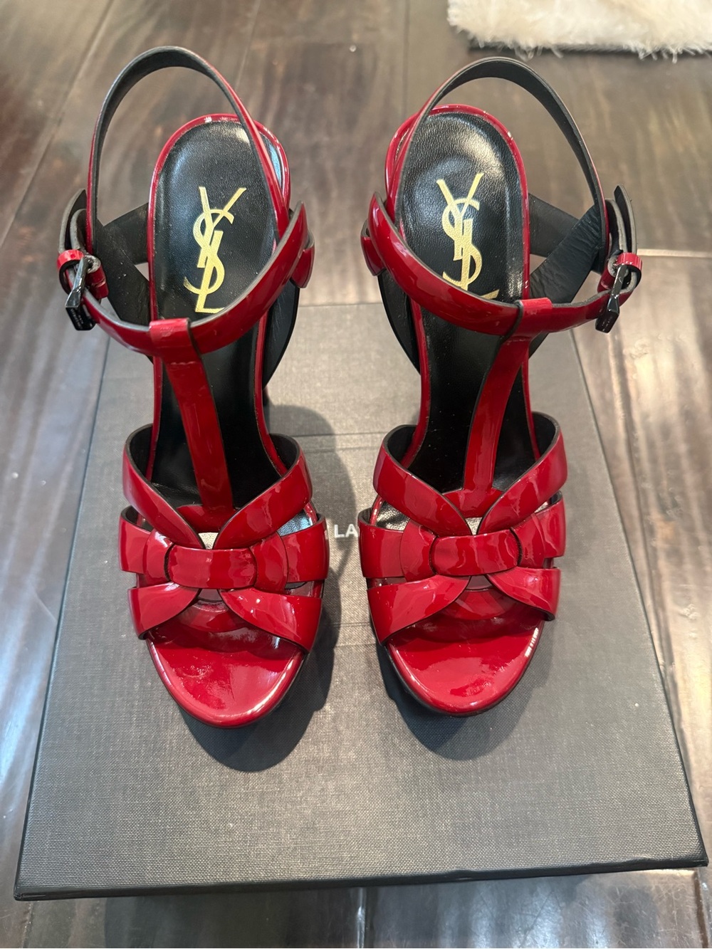 Saint Laurent Tribute Red Patent Leather T-Strap Heeled Sandals